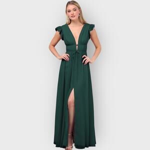 Lulus Emerald Green Ruffled Maxi Dress M | V-Neck Slit Elegant Wedding Party